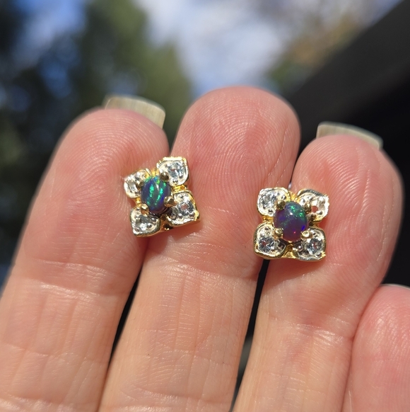 Black Opal & Topaz Natural Gemstone Sterling & Gold Earrings - Picture 3 of 10